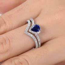 0.55 Ct Blue Sapphire Gemstone V Shape Engagement Ring Set 14K White Gold Over - £108.98 GBP