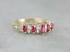 Vintage 1.5Ct Marquise Cut Ruby &amp; Diamond 14k Yellow Gold Over Engagement Ring - £64.50 GBP