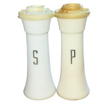 Vintage Tupperware 6&quot; Hourglass White Salt &amp; Pepper Shakers Gold letters 718-33 - $31.50