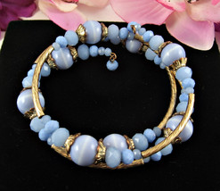 Lite SKY BLUE Beaded Vintage WRAP BRACELET Round Flatten Faceted Goldton... - £14.79 GBP