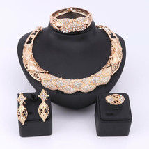 Women Gold Plated Crystal Africa Dubai Wedding Party Necklace Bangle Jewelry Set - £18.95 GBP