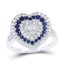 Natural Blue Sapphire &amp; Baguette Diamond Heart Womens Ring 10k White Gold 1 cttw - $1,206.81