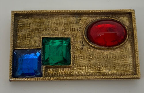 Primary image for VTG Signed Jeanne WINDOWPANE GEOMETRIC COLORFUL GEM Rectangle Brooch Gold-Tone