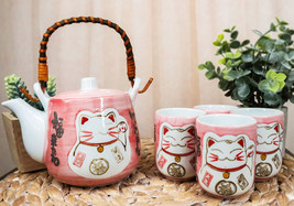 Japanese Design Maneki Neko Lucky Cat Pink 20oz Ceramic Tea Pot and Cups... - £29.56 GBP