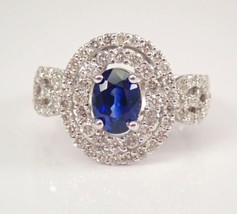 2Ct Oval Cut CZ Blue Sapphire Double Halo Engagement Ring 14K White Gold Finish - £132.14 GBP