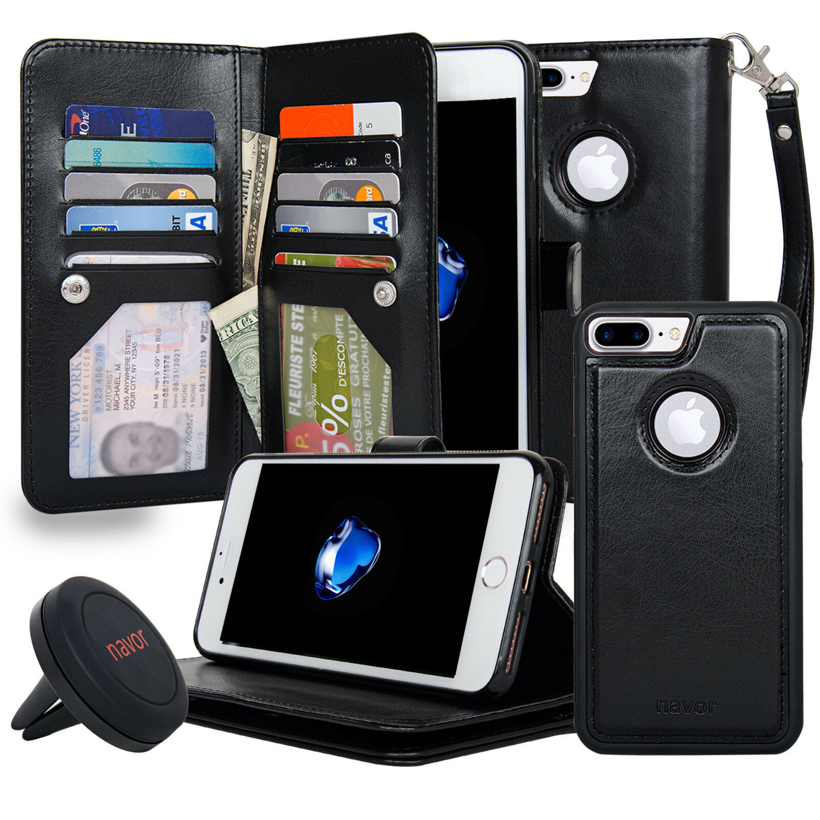 NAVOR Car Mount AND iPhone 7 Plus Case Magnetic Detachable Wallet Case
