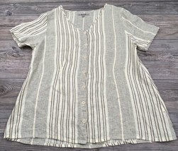 Flax Linen Top Womens Size Medium Beige Stripe Button Up V-Neck Minimalist Beach - £21.81 GBP