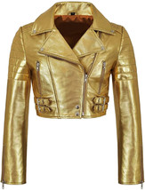 Chaqueta de cuero dorada recortada para mujer Biker Motorcycle Lambskin... - £113.23 GBP