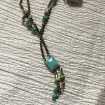 Estate Doublestrand Silvertone Chain w Tiny Green Blue &amp; Red Beads with Square  - £9.59 GBP
