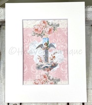 Shabby Glitter Print Vintage Angel Art Pink &amp; White Cottage Chic Religio... - £35.01 GBP