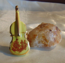 Limoges Porcelain Miniature Violin with Stand Courting Scene Yellow Gilt 2&quot; - £7.77 GBP