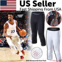Men&#39;S Basketball Sports Tight Pants 3/4 Compression Workout Leggings Knee Pads - £14.50 GBP