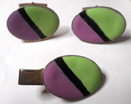 Cufflink Tie Clip Set Enamel Abstract Oval Mid-Century Retro Hippy 1950-60s - £23.35 GBP