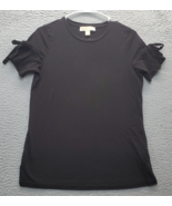 Michael Kors T Shirt Top Womens Small Black Stretch Short Tie Sleeve Rou... - $28.04 CAD