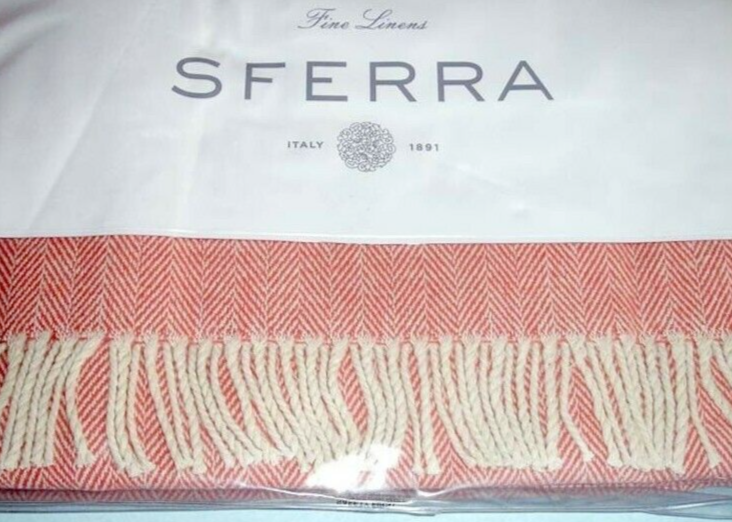 Sferra Celine Cotton Throw Blanket Salmon Herringbone Weave Fringed 71x5... - $74.15