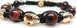 Crystal Agate Beaded Gold Skull Bracelet Adjustable - £14.08 GBP