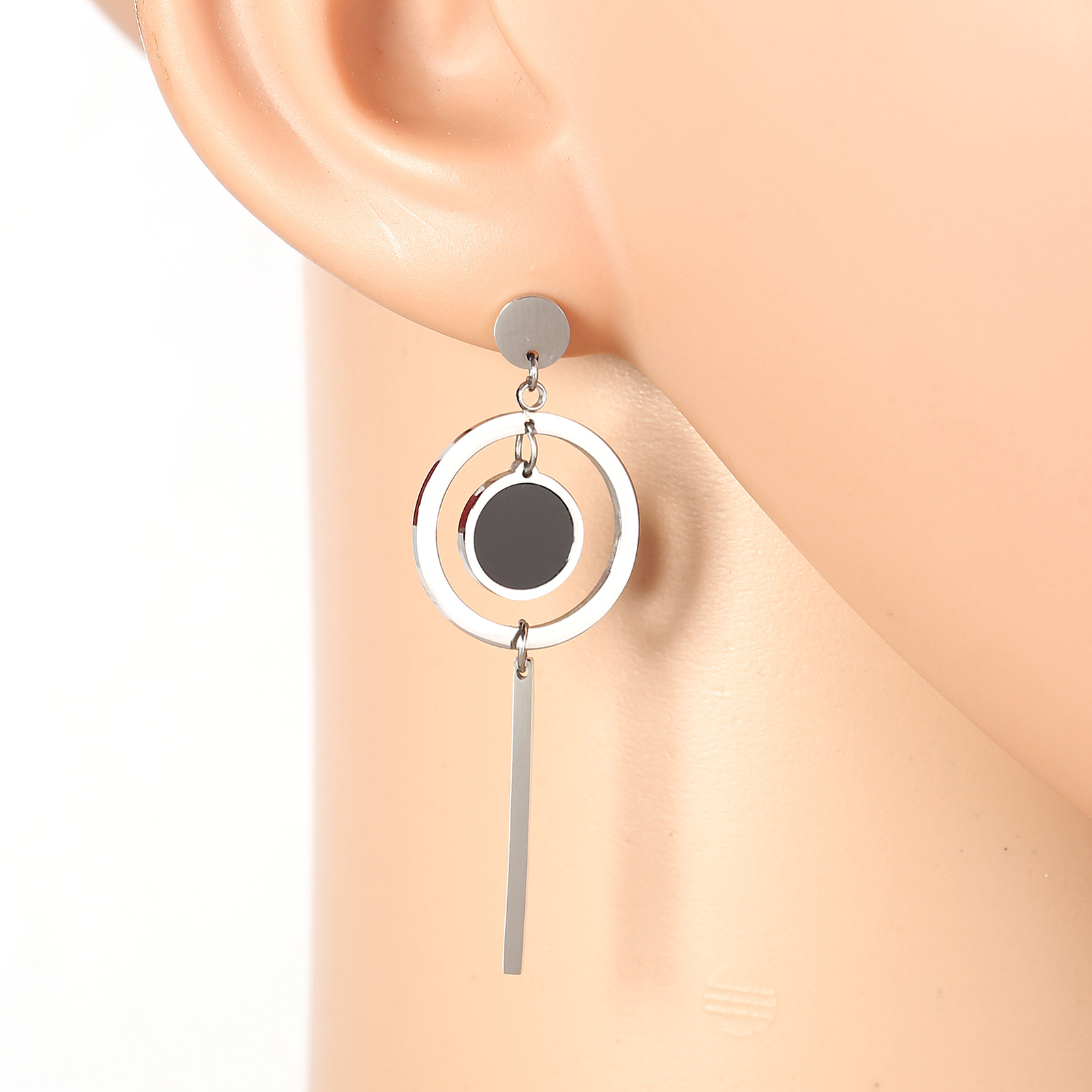Silver Tone Drop Earrings, Jet Black Faux Onyx Circle & Dangling Bar