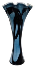 Mid-Century Modern 21.5&quot; Tall Blue &amp; Black Art Glass Ruffled Vase - Large - £112.08 GBP