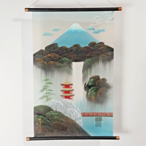 Vintage Japanese Hand Painted Silk Screen Scroll Temple Mt. Fuji Scenery... - $33.10