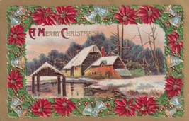 Merry Christmas Embossed Poinsettias Log Cabin Bells Postcard D52 - £2.41 GBP