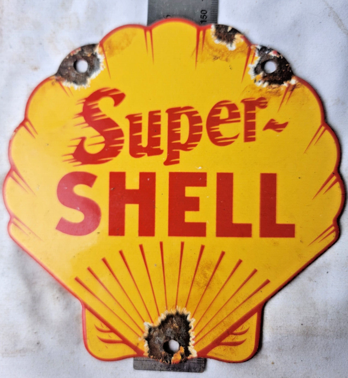 VINTAGE SUPER SHELL GASOLINE PORCELAIN SIGN PUMP PLATE GAS STATION OIL - £45.82 GBP