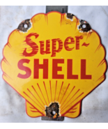 VINTAGE SUPER SHELL GASOLINE PORCELAIN SIGN PUMP PLATE GAS STATION OIL - £45.96 GBP