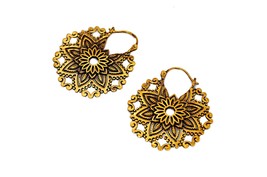 Gypsy Mandala Hoops Earrings, Large Floral Hoops Gold Color - £14.38 GBP