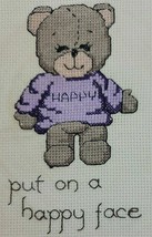 Bear Embroidery Finished Nursery Baby Put on a  Happy Face Brown Lilac Vtg - £6.99 GBP