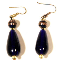 Hanging Earrings Teardrop Blue Colbalt W/ Round Metallic Bronze Glass W/ Beads - £8.28 GBP