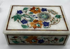 White Marble Jewelry Box Inlaid with Gemstones -Pietra Dura- 5” Lapis, Malachite - £190.29 GBP