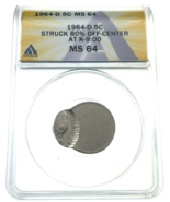 1964-D 5C Jefferson Nickel ANACS MS64 Error Struck 80% Off Center K-9:00 - $308.05 CAD