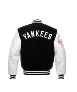 VARSITY JACKET BLACK WOOL REAL LEATHER SLEEVES BOMBER JACKET - $164.11 CAD