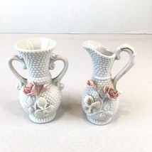Pair Of Hobnail Milk Glass Mantle Vases With Pink Roses and Decorative Handles - £10.60 GBP