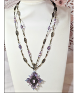 Vintage Double-Strand Beaded Necklace with Ornate Cross Pendant – Purple... - $481.33 MXN
