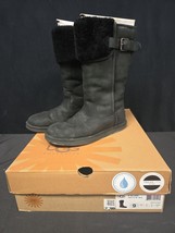 UGG Willowe Boots Shoes Black Leather Fur Cuff Tall Boot Size 9 With Box - $59.95