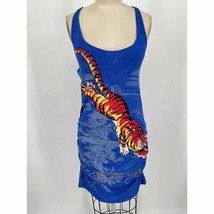 Ed Hardy Halter Mini Bodycon Dress Sz XL Blue Tiger Ruched Y2K - £78.05 GBP