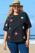 Black Sequin Chenille Star Pattern Plus Size Tee - $35.99