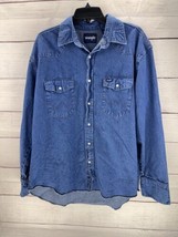 VTG Wrangler Dark Wash Denim Pearl Snap Western Shirt Men&#39;s Size XL Cowboy Cut - £15.69 GBP
