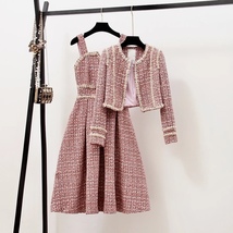 Pink Tweed Set - Elegant Long Sleeve Beading Jacket + Spaghetti Strap Dress  - £156.61 GBP