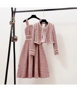 Pink Tweed Set - Elegant Long Sleeve Beading Jacket + Spaghetti Strap Dress  - £157.31 GBP