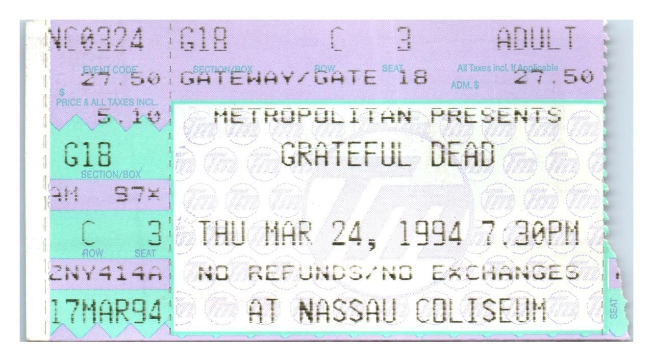 Primary image for Grateful Dead Konzert Ticket Stumpf März 24 1994 Uniondale Neu