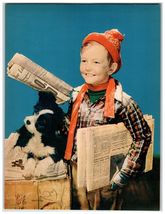 Newspaper Boy With Black &amp; White Dog Mid 20th Century Original Lithograp... - $16.19