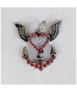 Jeweled Silver &amp; Red Heart Anchor With Wings Beautiful Metal Necklace Charm - $10.19