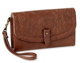 Time And Tru Ladies Isabella Wristlet Wallet Brown Embossed Front New - £12.08 GBP