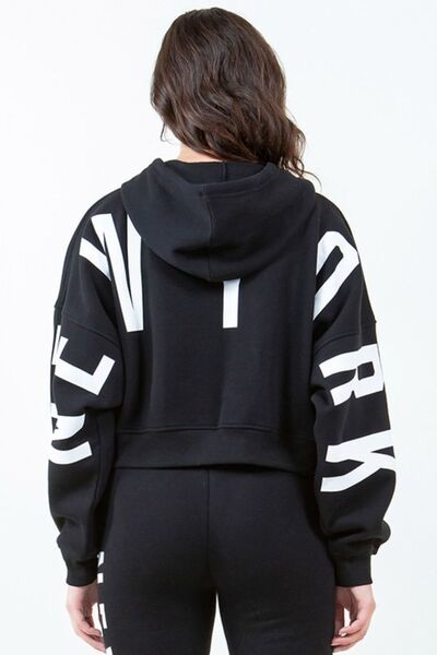 American Bazi Letter Graphic Long Sleeve Drawstring Cropped Hoodie - $43.05
