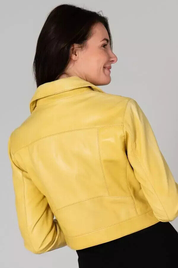 Stylish Womens Yellow Leather Jacket Real Lambskin Handmade Biker Motorcycle Item image 2