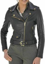 Biker Handmade Slim Fit Belted Women&#39;s Lambskin Leather Jacket Black Motorcycle - $107.30