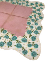 Vintage 1940s Handkerchief Pink Blue Roses Floral Shabby Romantic Estate Hanky - £14.82 GBP