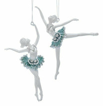 Kurt Adler Set Of 2 White &amp; Blue Ballerinas w/SILVER Trim Xmas Ornaments T2500 - £10.29 GBP