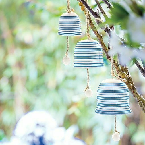 Avon Seaside Garden Wind Chimes Set 3 Nautical Blue White Stripe Provencial NEW - $22.76